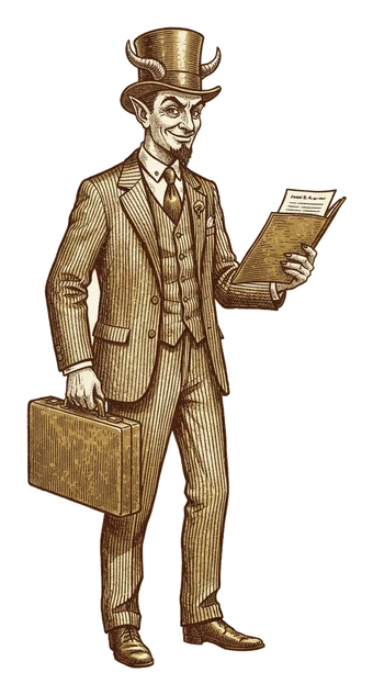 Engraved illustration of Beelzebubba the Third, a horned gentleman in a pinstripe suit and top hat, holding out a case folder and carrying a briefcase.