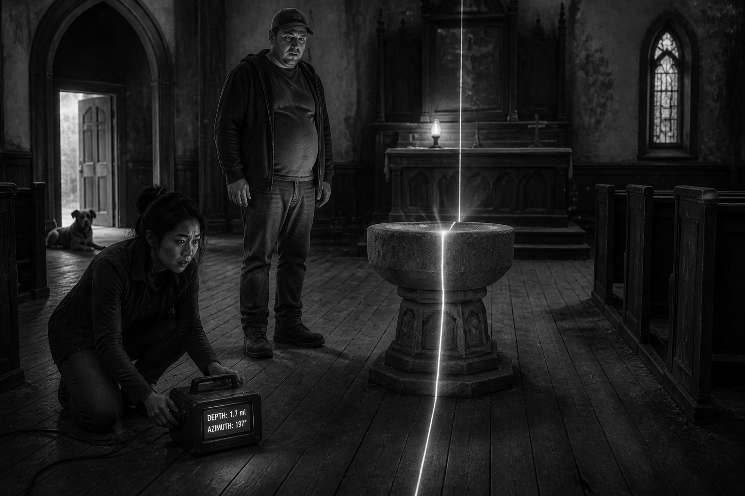 Black-and-white recreation of an investigation scene