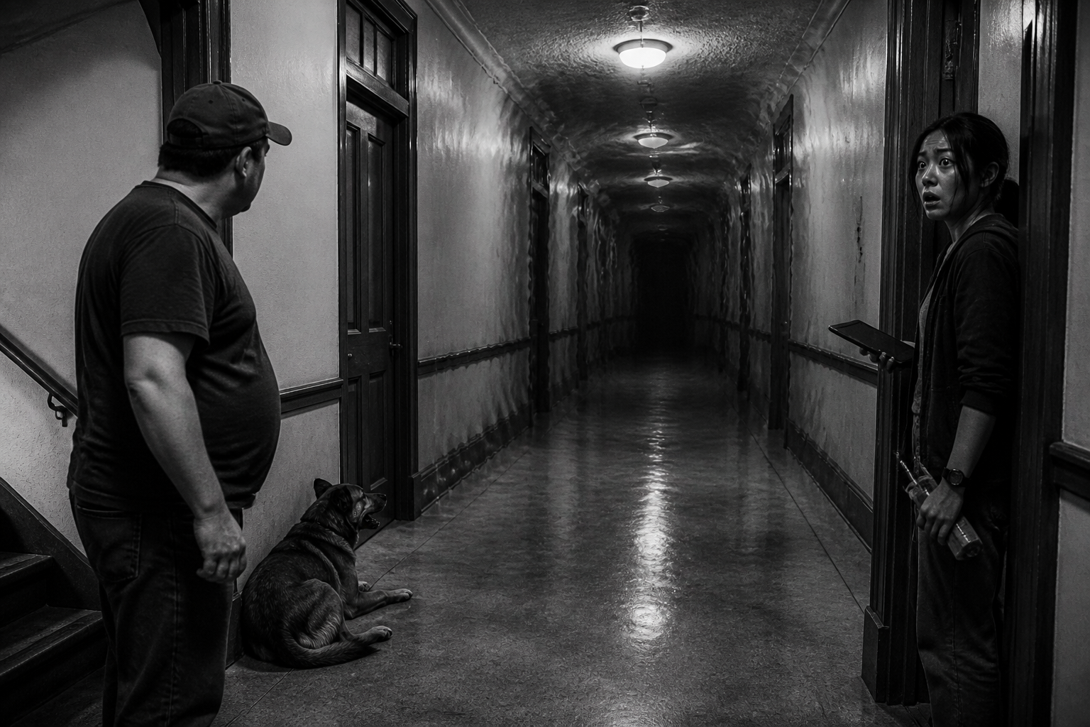 Black-and-white recreation of an investigation scene