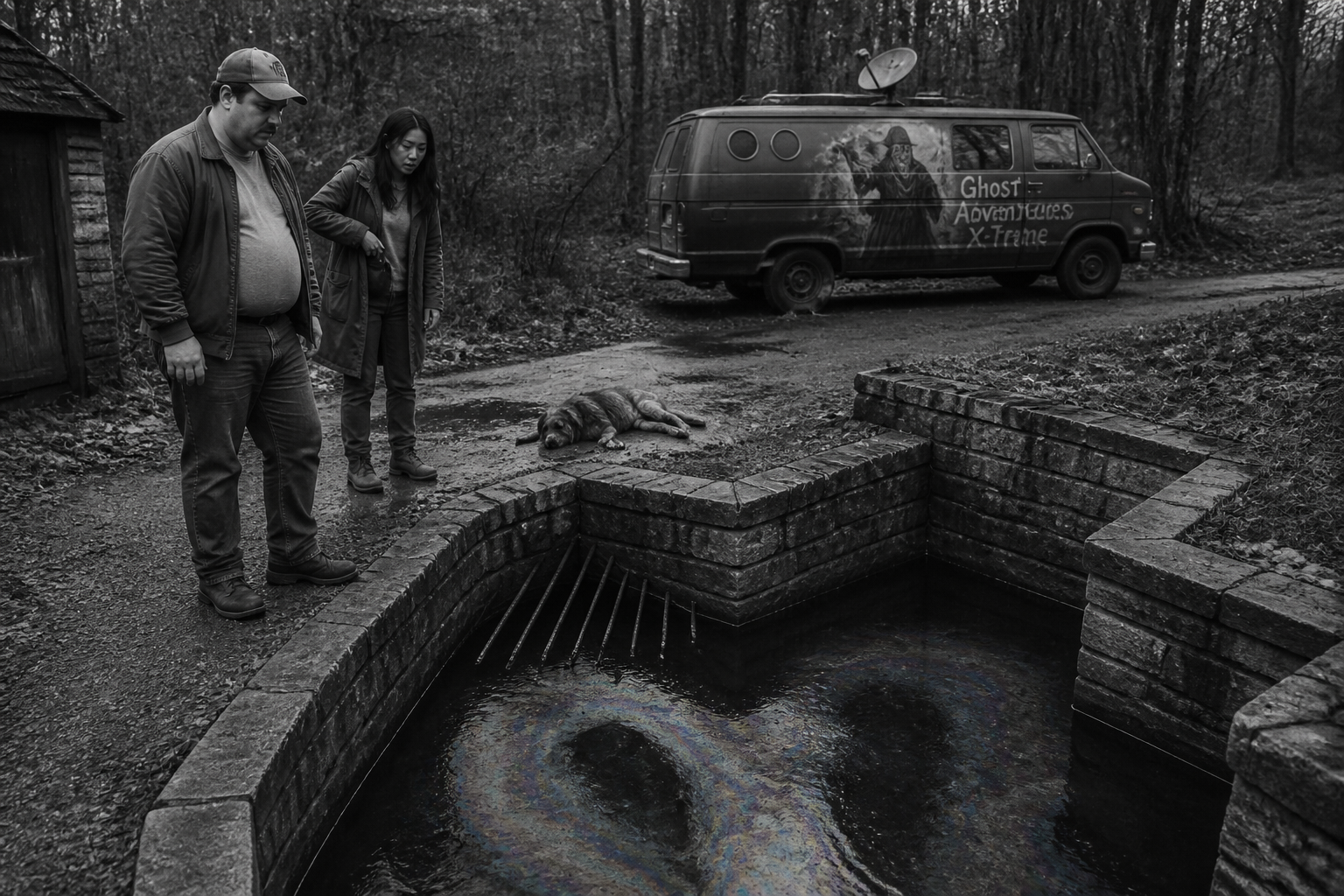 Black-and-white recreation of an investigation scene