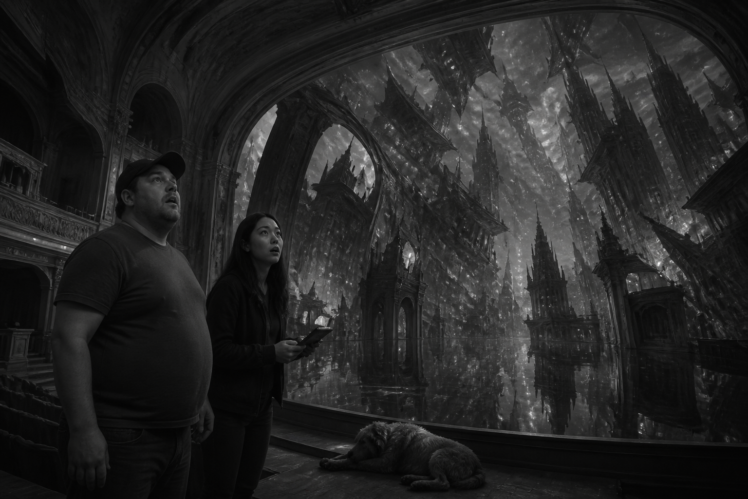 Black-and-white recreation of an investigation scene