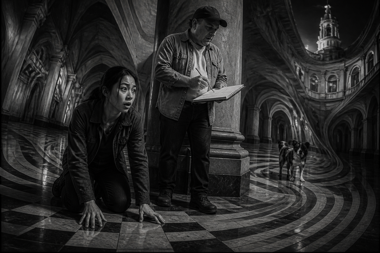 Black-and-white recreation of an investigation scene