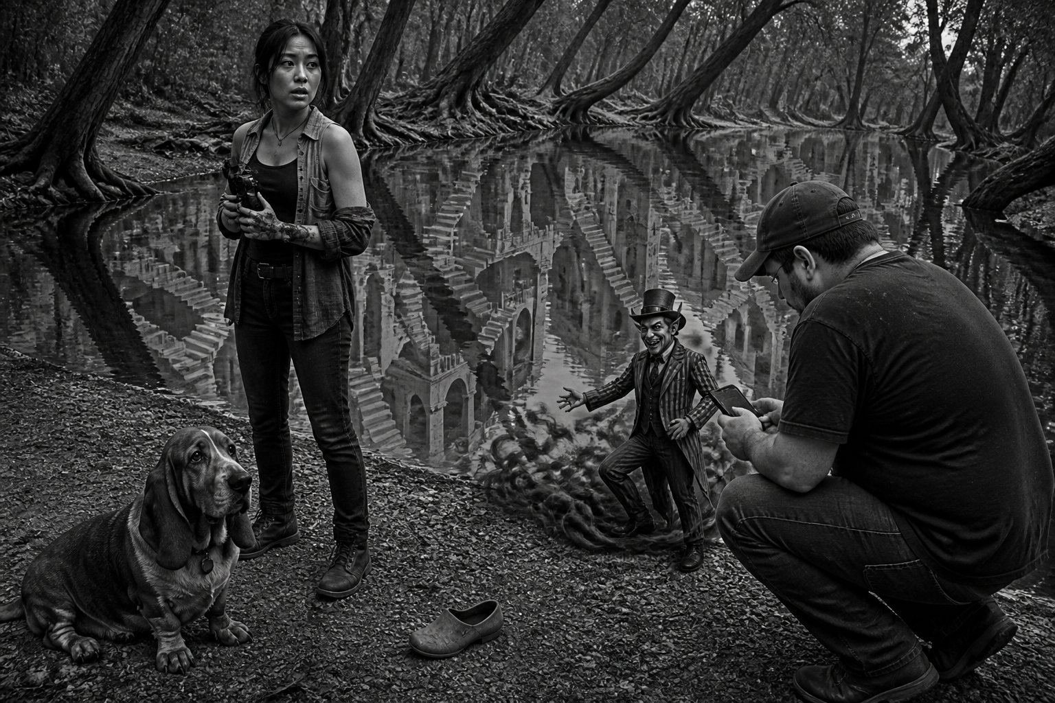 Black-and-white recreation of an investigation scene