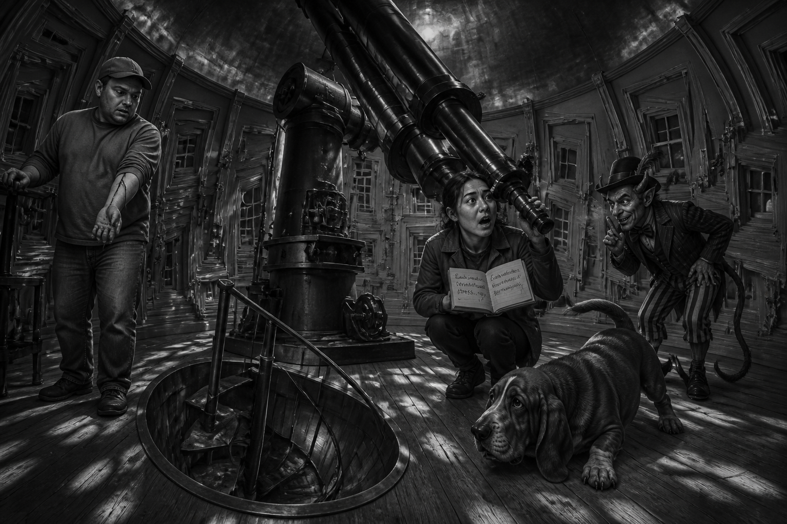 Black-and-white recreation of an investigation scene