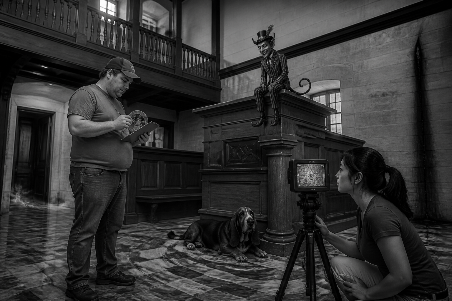 Black-and-white recreation of an investigation scene
