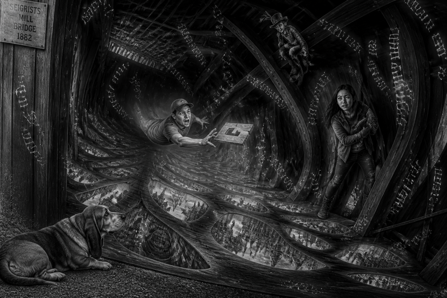 Black-and-white recreation of an investigation scene