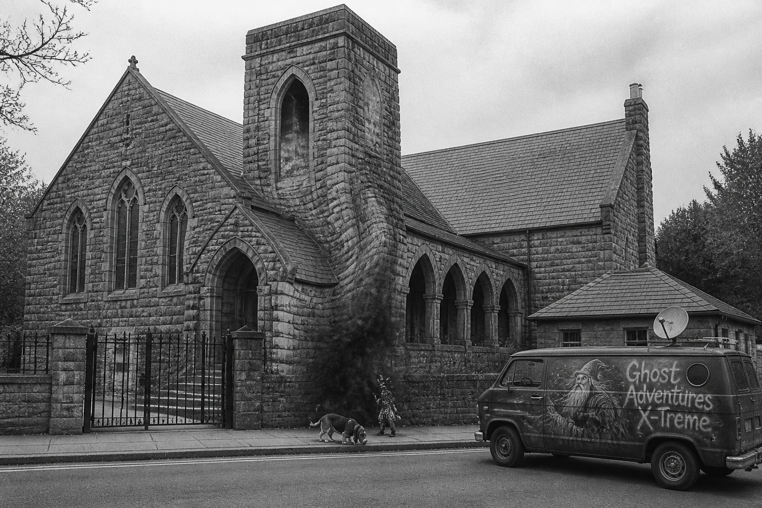 Black-and-white recreation of the historic location