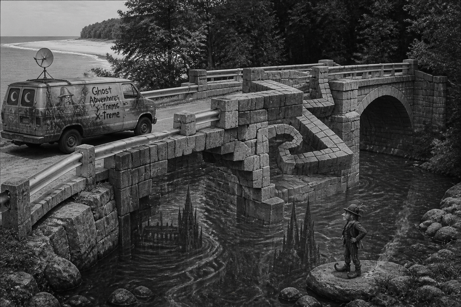 Black-and-white recreation of the historic location