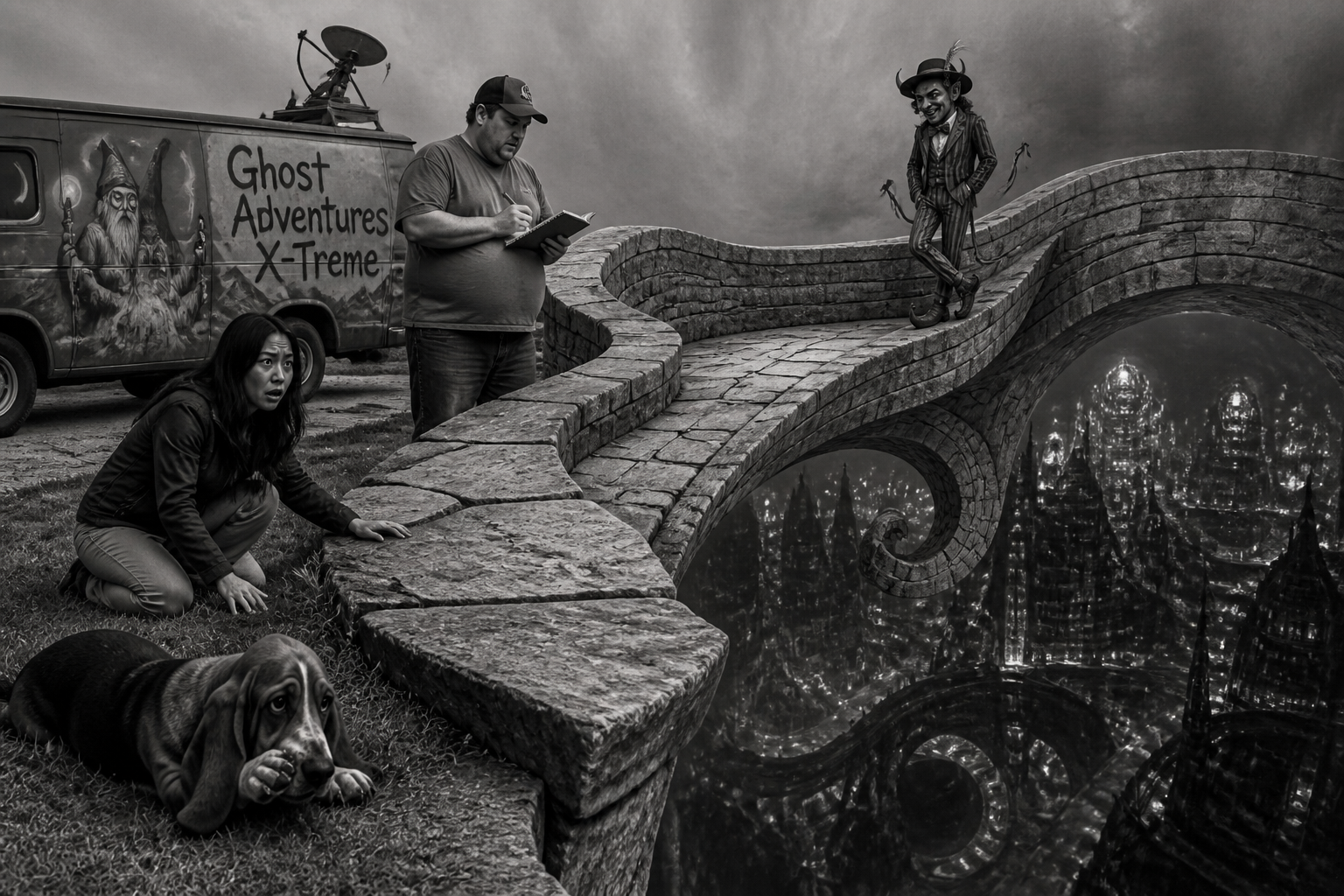 Black-and-white recreation of an investigation scene