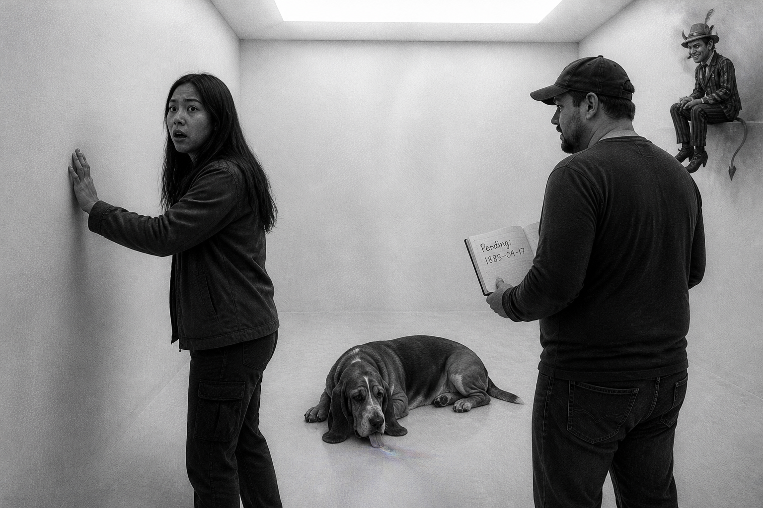 Black-and-white recreation of an investigation scene