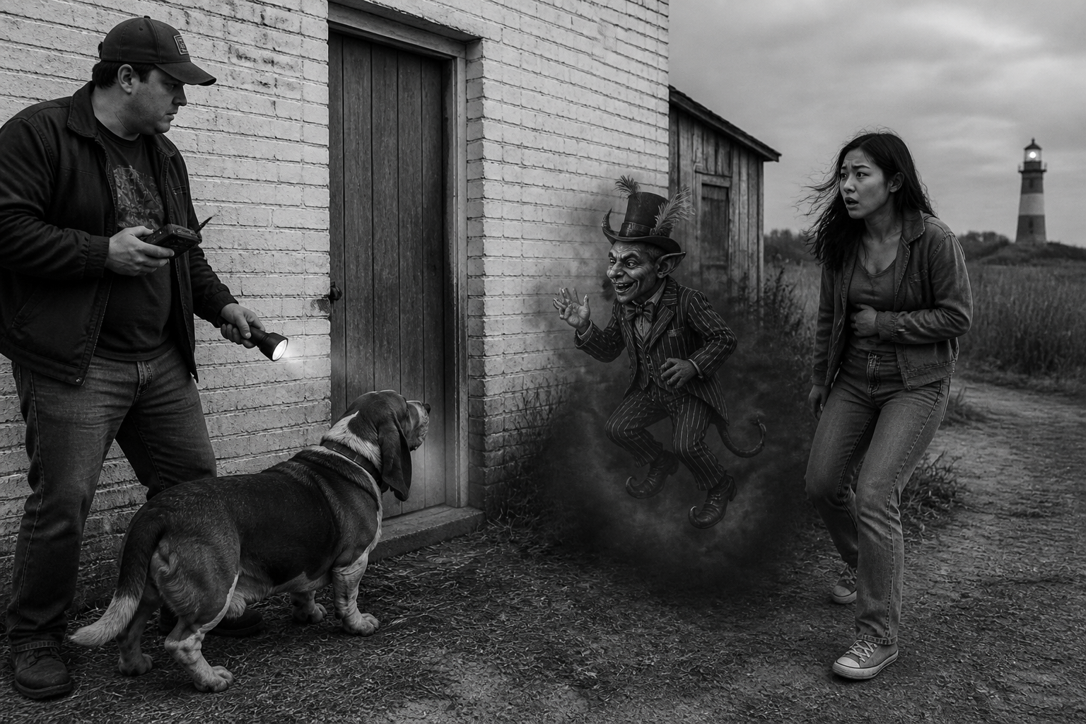 Black-and-white recreation of an investigation scene