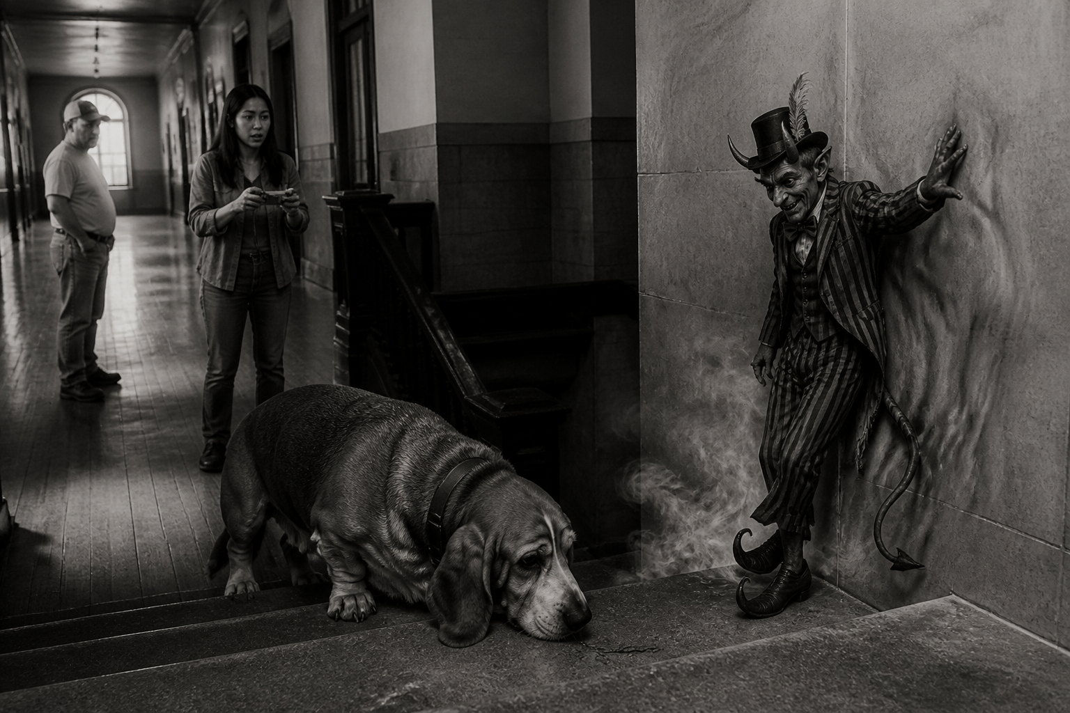 Black-and-white recreation of an investigation scene