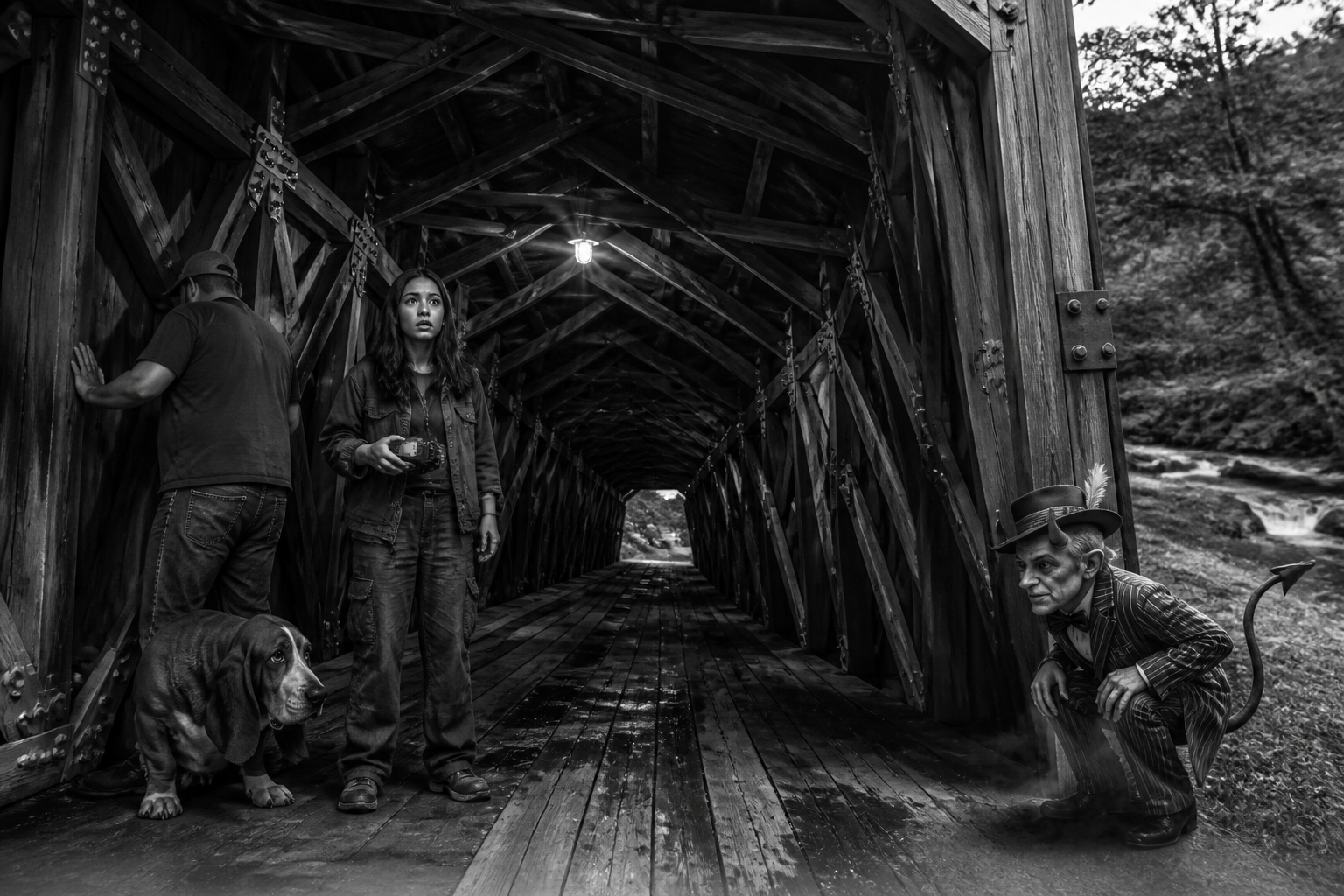 Black-and-white recreation of an investigation scene