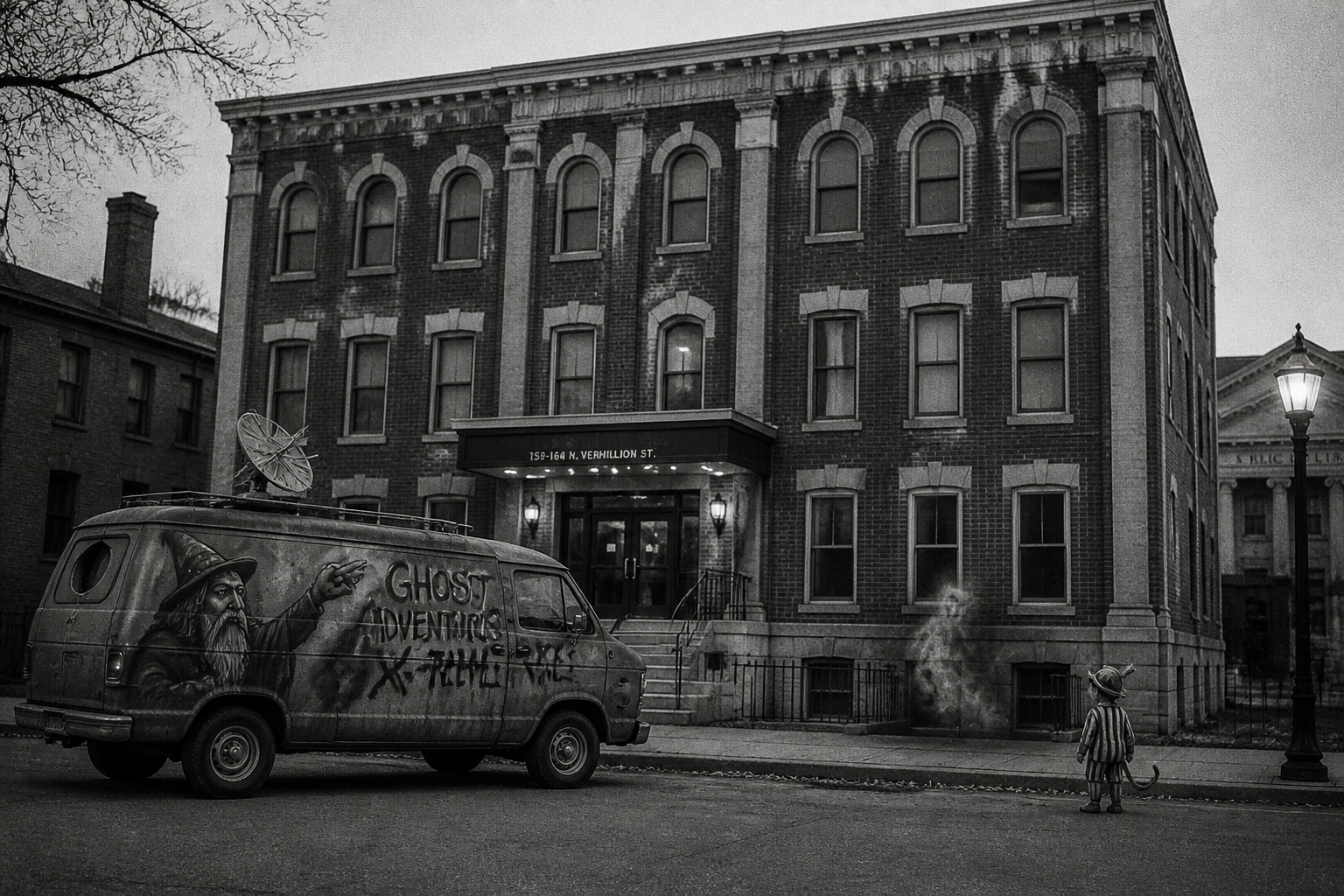 Black-and-white recreation of the historic location