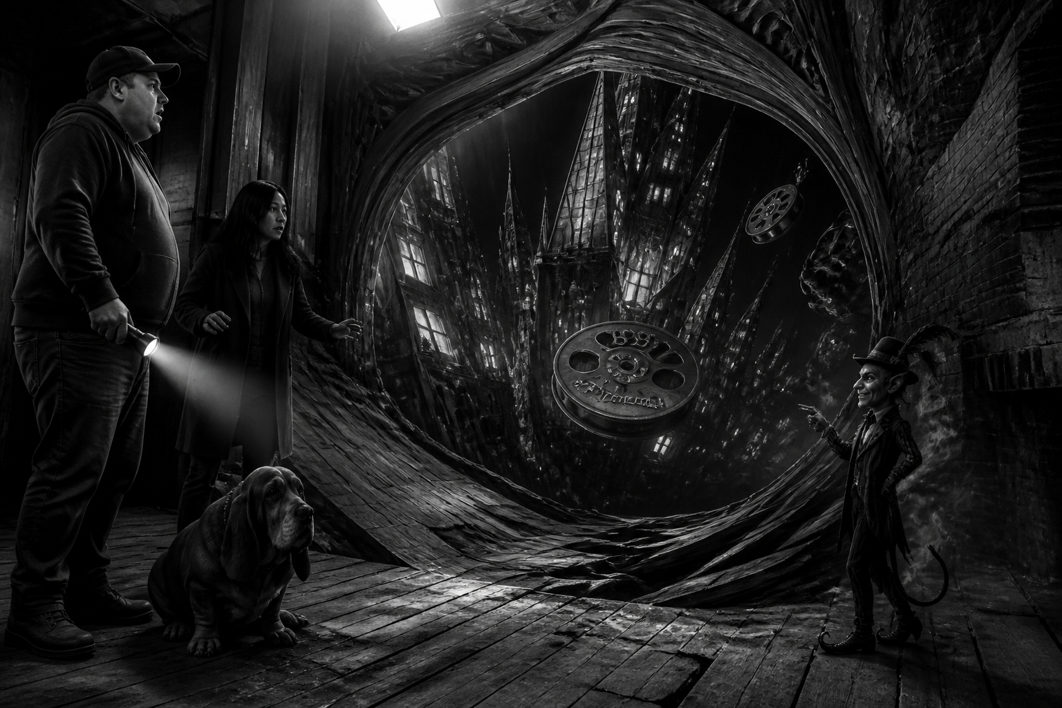 Black-and-white recreation of an investigation scene