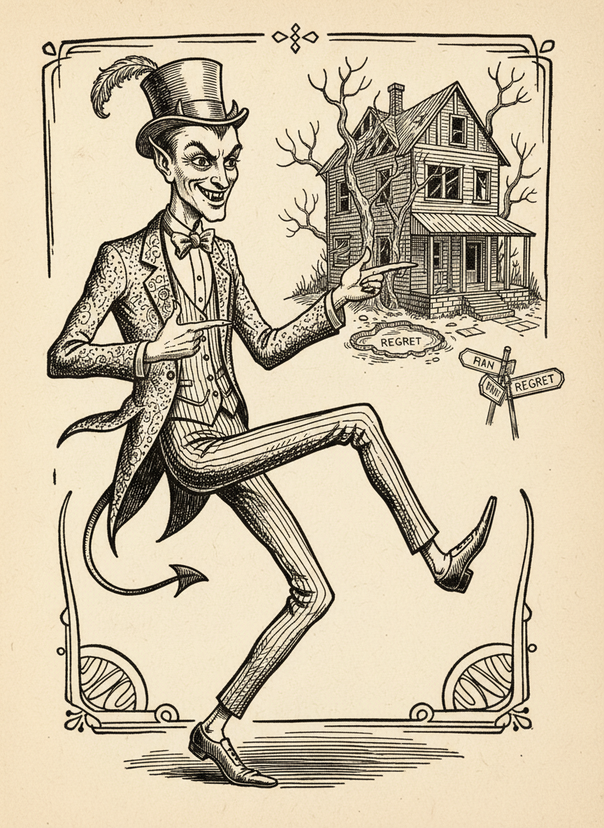 Woodcut of Beelzebubba the Third capering as he presents the property