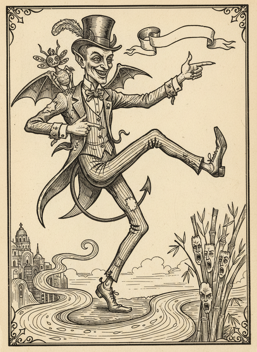 Woodcut of Beelzebubba the Third capering as he presents the property