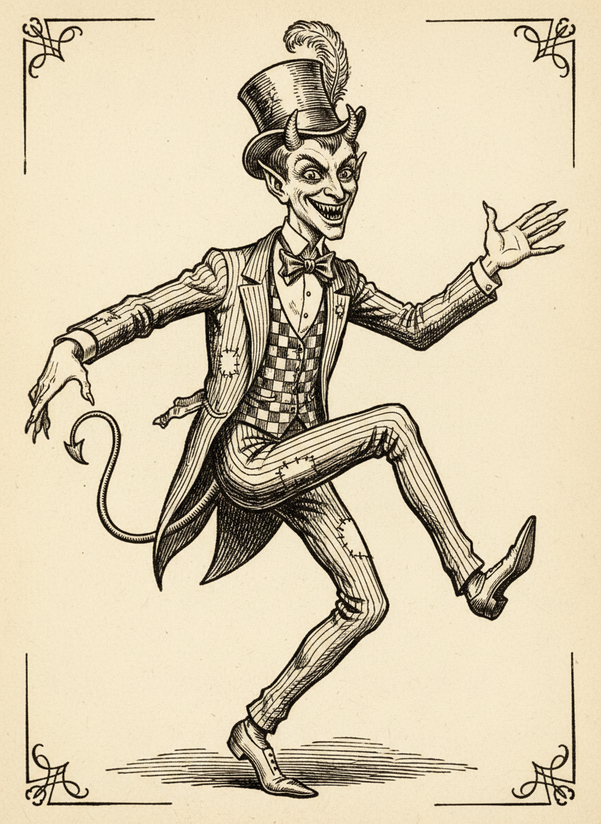 Woodcut of Beelzebubba the Third capering as he presents the property