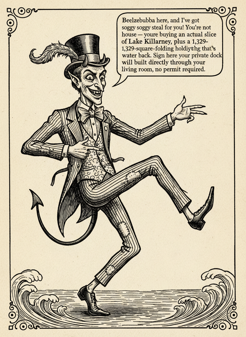 Woodcut of Beelzebubba the Third capering as he presents the property