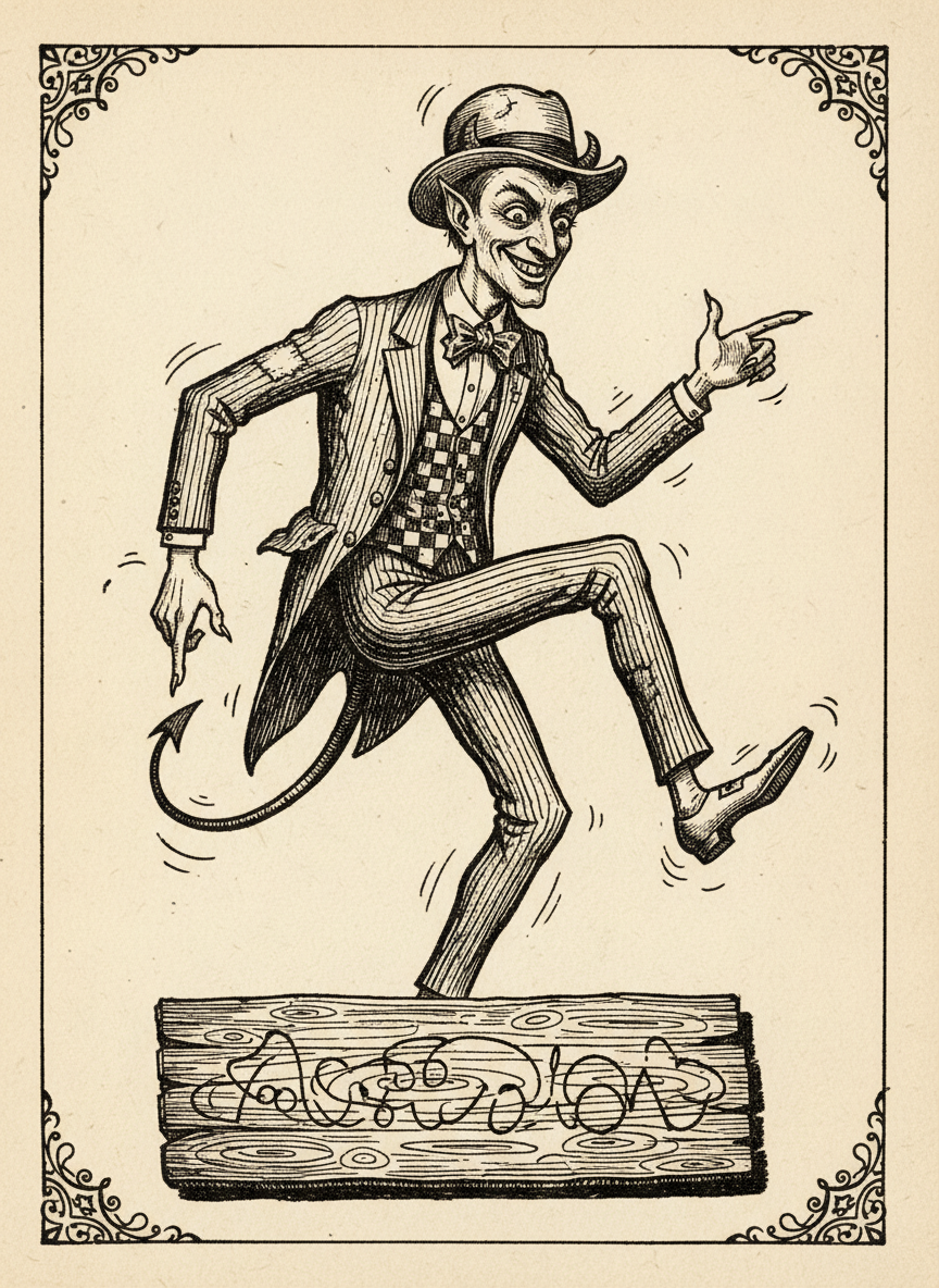 Woodcut of Beelzebubba the Third capering as he presents the property